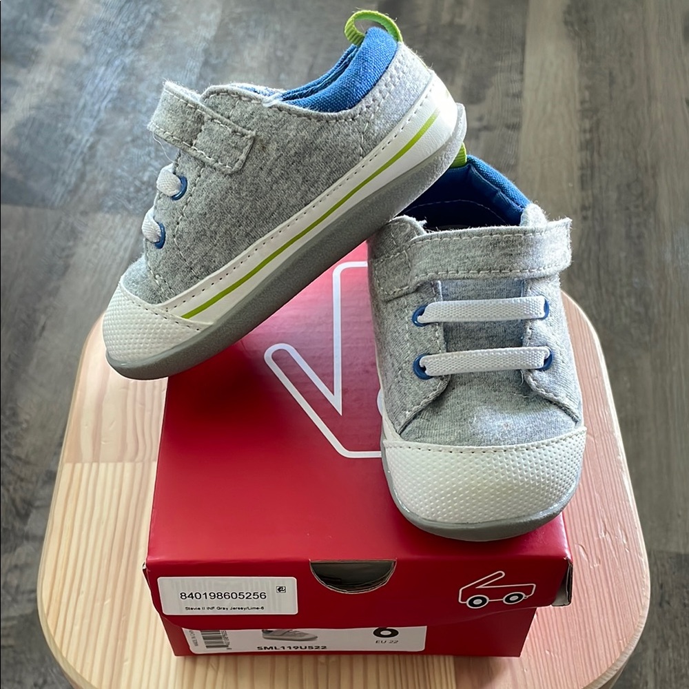 See Kai Run Stevie II Toddler Infant SZ 6 VGUC Gray Jersey/Lime/Blue Shoes